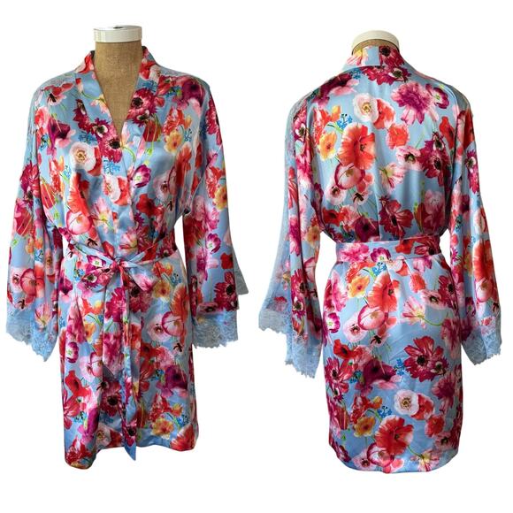 Victoria Secret Happy Poppies Lace Insert Robe EUC Size XS Small Satin Tie Waist - Picture 3 of 12